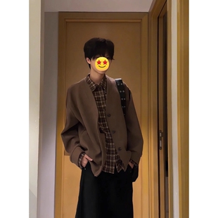 假两件拼接咖色开衫毛衣男款秋季慵懒老钱风夹克美拉德针织衫外套