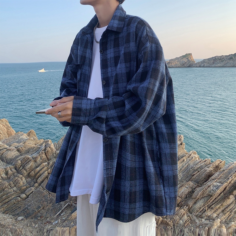 美式蓝色格子衬衫男2025新款