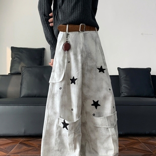 裤 男街头潮牌小众宽松嘻哈工装 脏脏做旧星星多口袋阔腿牛仔裤 美式