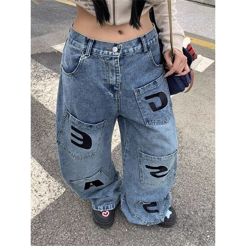 美式复古字母刺绣多口袋牛仔裤男女春季新款宽松阔腿弯刀拖地长裤,男装,卫裤,淘宝优惠券,粉丝福利购,淘宝优惠卷
