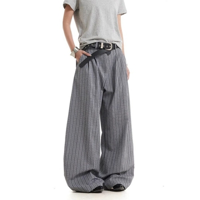 美式灰色格纹垂感西裤男秋季
