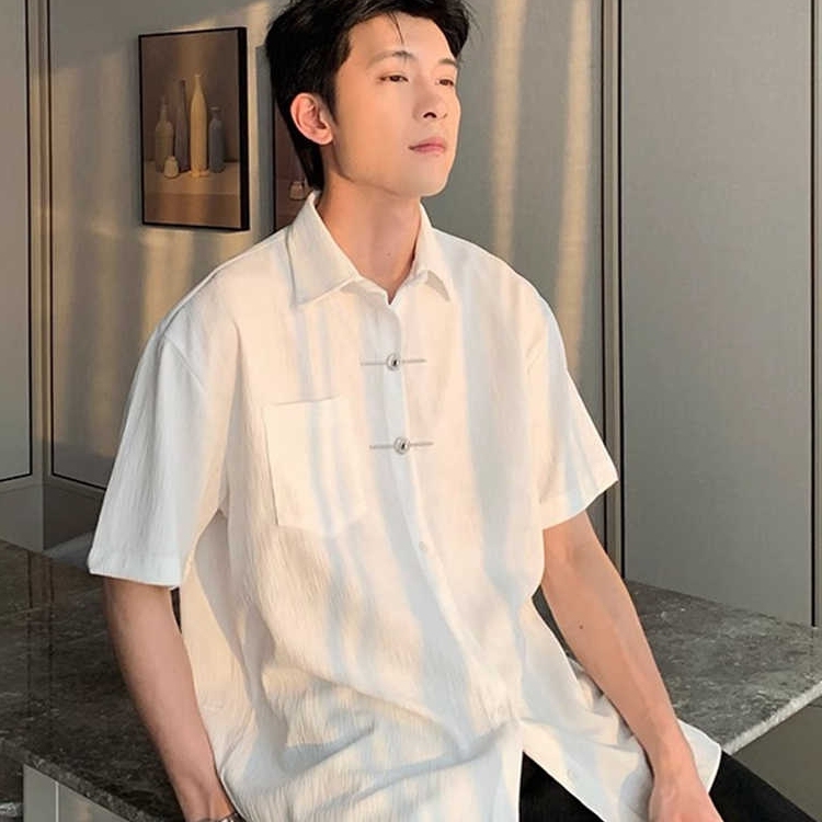 新中式男装白色短袖衬衫男夏季薄款金属装饰肌理感痞帅五分袖衬衣
