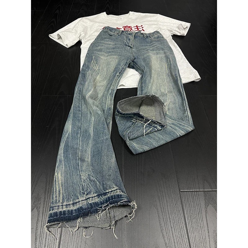 美式复古蓝猫爪痕牛仔裤男款水洗刮烂高街vibe裤子宽松直筒微喇裤,男装,卫裤,淘宝优惠券,粉丝福利购,淘宝优惠卷