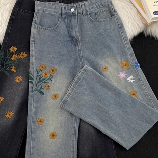 复古街头风宽松直筒设计感微喇裤 小雏菊刺绣水洗牛仔裤 男春秋美式