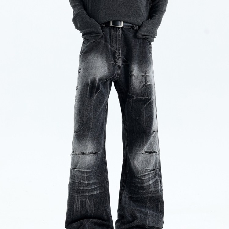 褶皱闪电纹黑色牛仔裤男款
