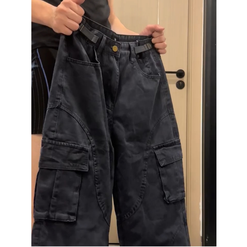 藏青色腰带收缩工装裤