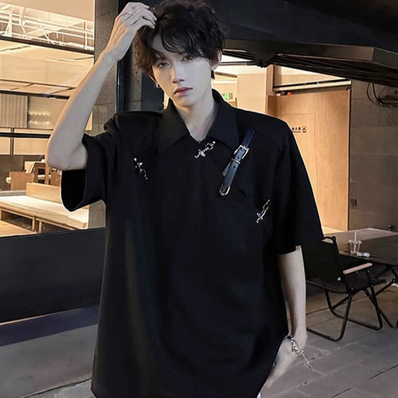 解构金属皮带扣短袖polo衫男