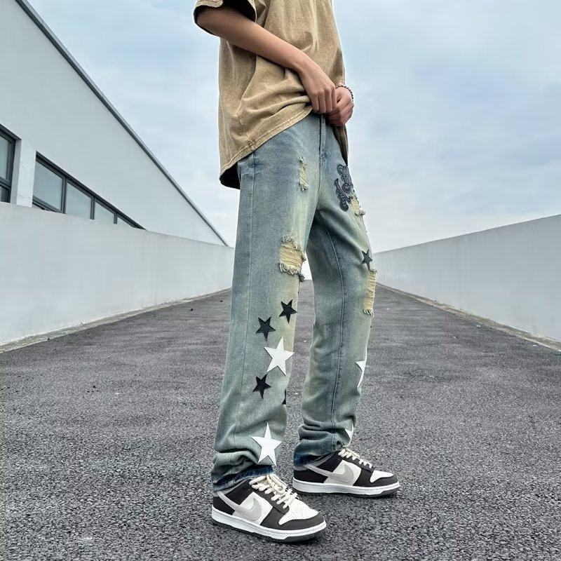 欧美高街星星印花牛仔裤男
