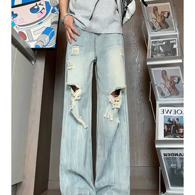 闪电纹破洞牛仔裤男夏季薄款