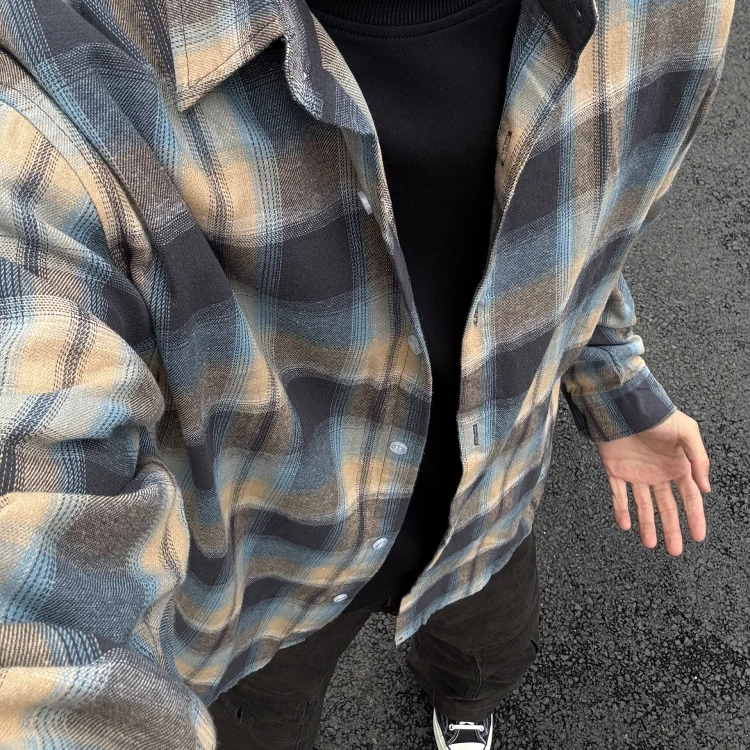 美式vintage蓝棕格子衬衫男款夏