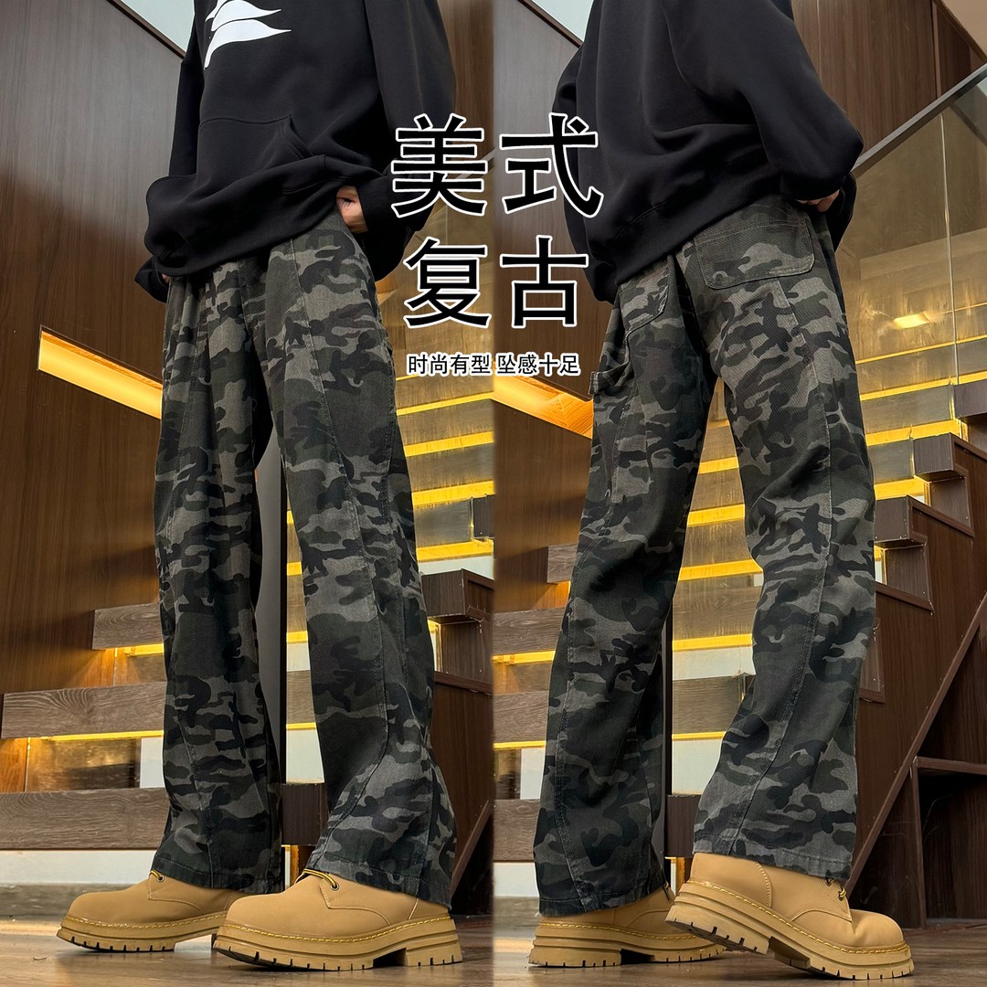 军绿色复古迷彩工装裤子男
