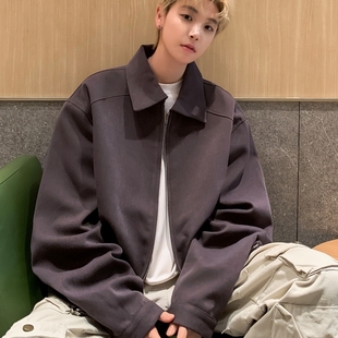 烟紫色高级感翻领夹克男春秋季 复古boxy短宽简约垫肩休闲外套 美式