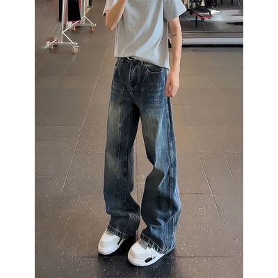 复古蓝水洗微喇牛仔裤男