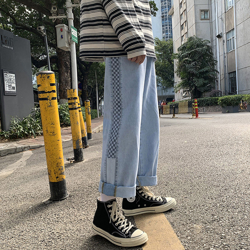 스플라이스 청바지 남성 루즈 스트레이트 트렌디 다재다능함 하라주쿠 홍콩 스타일 캐주얼 팬츠 잘생김 한국 스타일 트렌디 브랜드