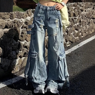 美式高街重工多口袋破洞工装牛仔裤男女款潮牌宽松显瘦阔腿长裤子