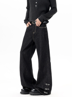 美式飞机扣直筒牛仔裤男春季潮牌痞帅微喇长裤设计感阔腿休闲裤子