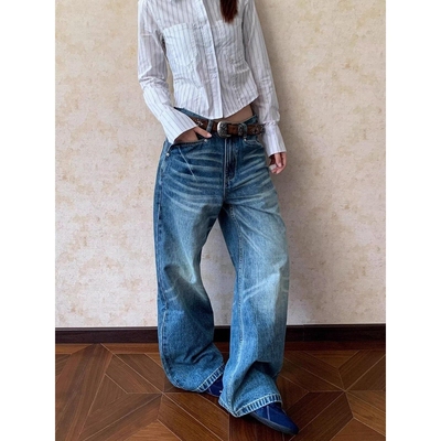 复古蓝闪电纹牛仔裤男秋季美式高街vibe裤子修身显腿长直筒微喇裤