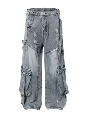 美式vibe高街多口袋黑色工装牛仔裤男2026秋冬新款宽松阔腿拖地裤