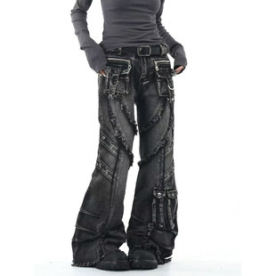 原创复古潮牌重工做旧水洗毛边牛仔裤男女亚文化朋克微喇叭长裤子