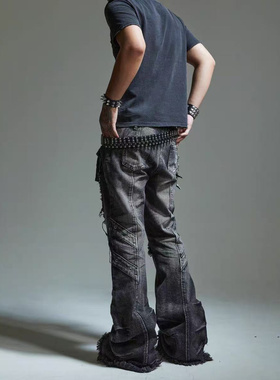 2025新款潮流【重工朋克】水洗毛边多口袋设计感喇叭裤宽松直筒长