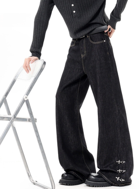 美式飞机扣牛仔裤男女春复古设计感微喇长裤潮牌cleanfit丹宁裤子