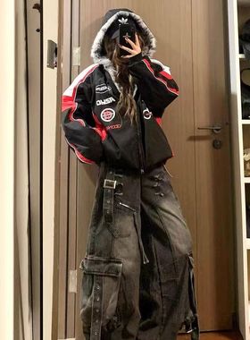 2026新款美式重工水洗多口袋工装牛仔裤男女宽松直筒阔腿牛仔长裤