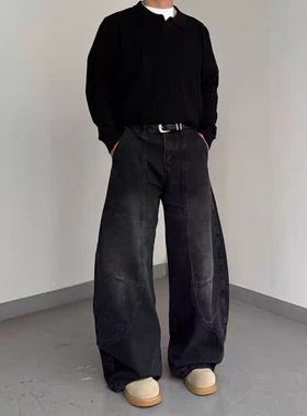 美式复古水洗做旧黑色廓形弯刀牛仔裤男女cleanfit解构拼接镰刀裤