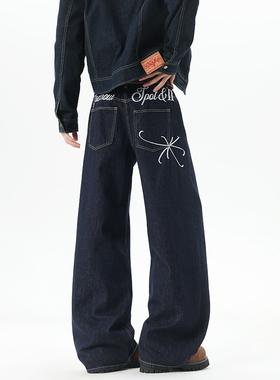 男生高级美式复古水洗字母刺绣牛仔裤男女宽松休闲百搭直筒长裤