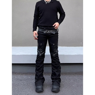 美式朋克亚比风拼接设计微喇叭休闲牛仔裤轻亚褶皱堆堆长裤潮男女