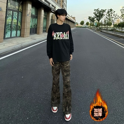 加绒迷彩工装牛仔裤男款冬季2025新款直筒男士加长裤子男生高个子