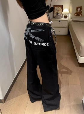 美式复古字母印花黑色牛仔裤男女潮牌高街vibe宽松直筒高街长裤子