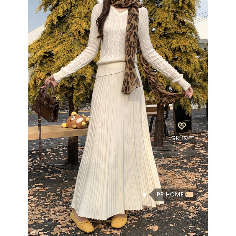 日本offcat温柔风白色针织百褶裙女秋冬高腰a字大摆裙显瘦半身裙