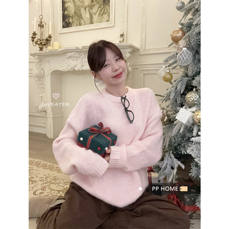 日本offcat温柔风粉色毛衣女秋季韩系软糯宽松圆领长袖针织衫甜美