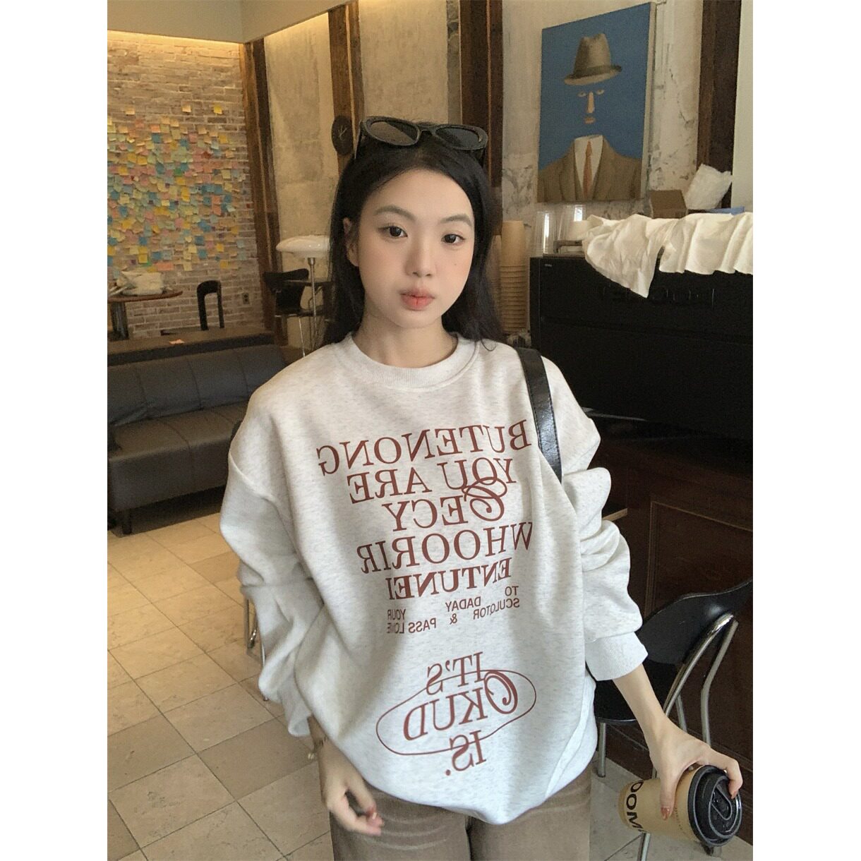 日本offcat美式复古字母印花宽松加绒卫衣女秋冬灰色休闲慵懒外套