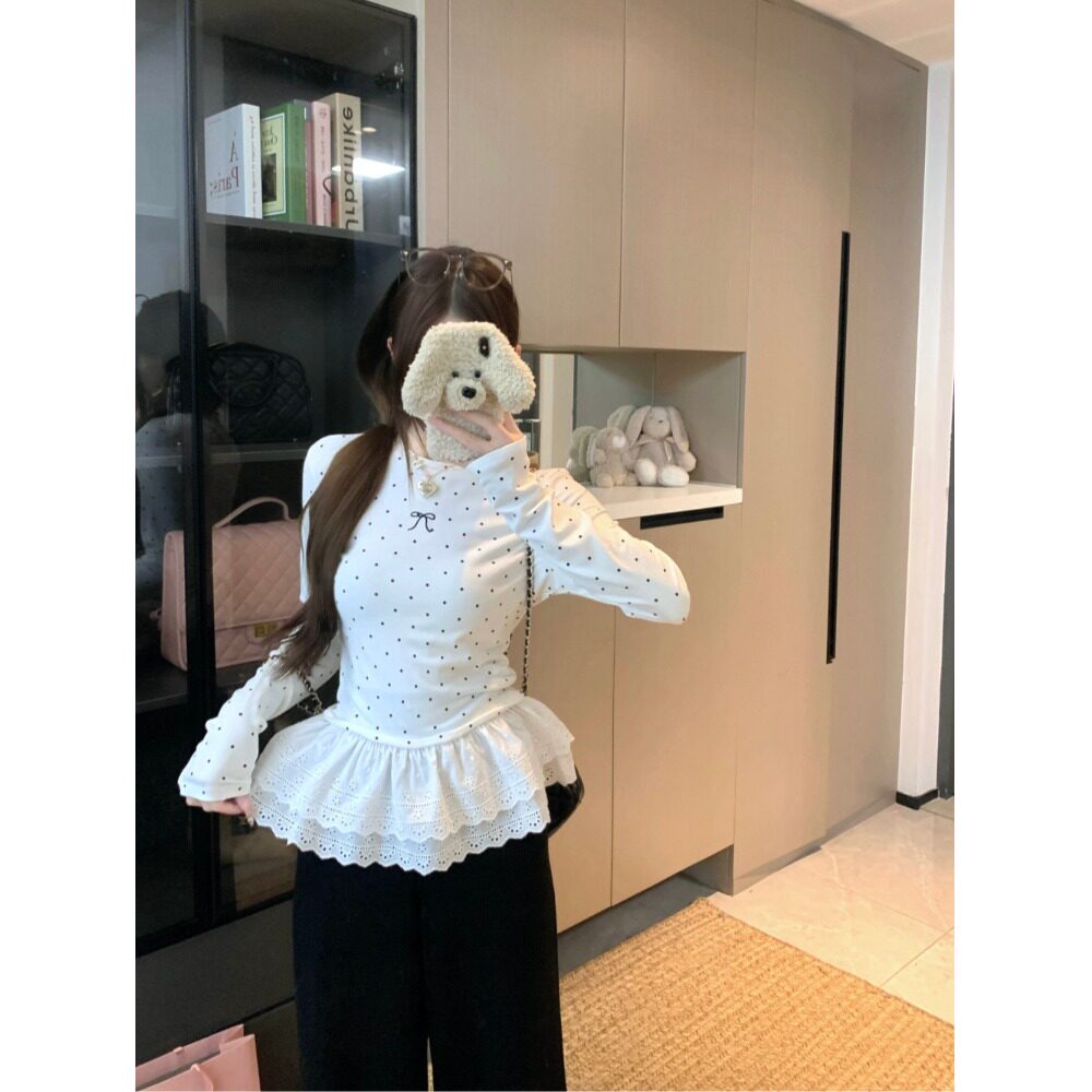 日本offcat芭蕾风波点圆领长袖T恤女秋季韩系内搭打底衫甜美修身