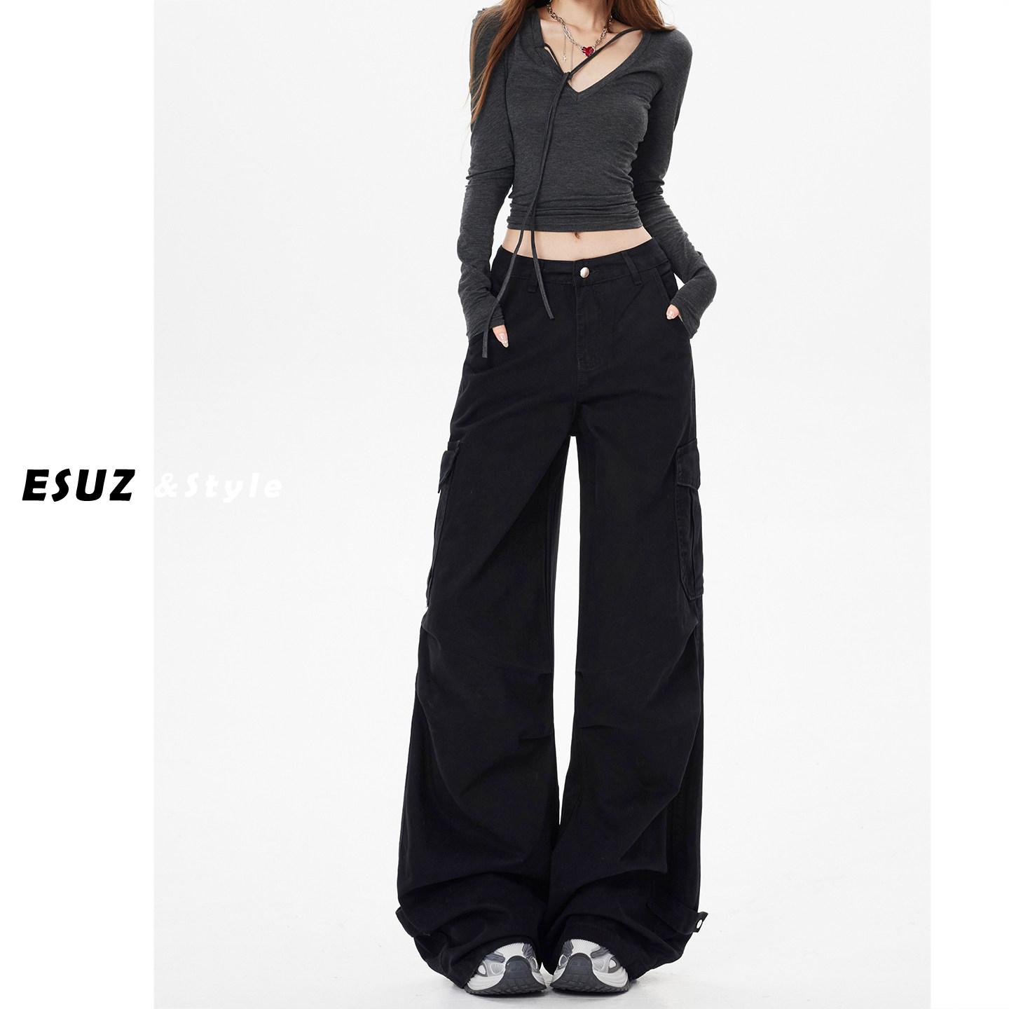 日本offcat美式黑色工装牛仔裤女2026春季新款多口袋宽松显瘦阔腿