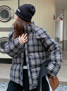 日本offcat小个子短款复古蓝色格子羽绒服女2025冬季新款洋气超好