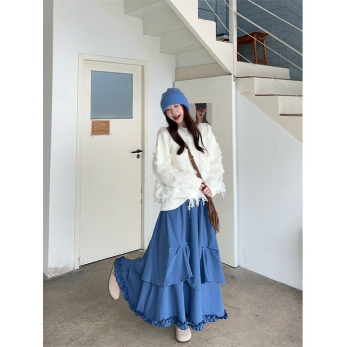 日本offcat设计感立体流苏毛衣针织衫女秋季温柔套装木耳边蓝色半