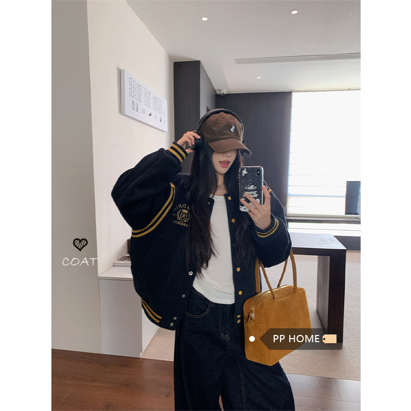 日本offcat美式复古藏蓝色加厚棒球服外套女秋冬休闲宽松短款卫衣