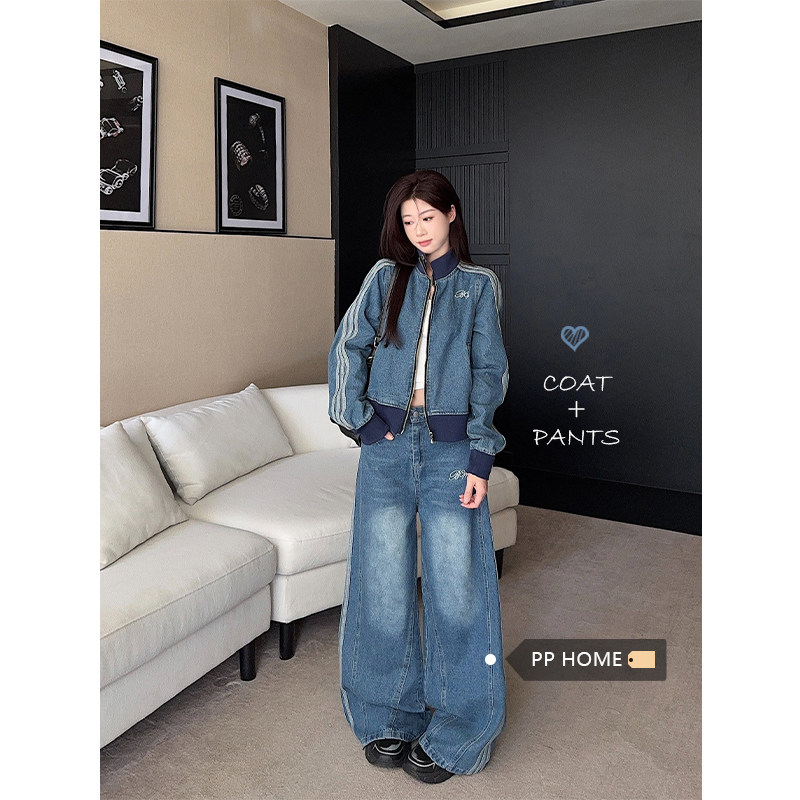 日本offcat复古水洗蓝立领短款开衫牛仔外套女秋季时尚套装阔腿牛