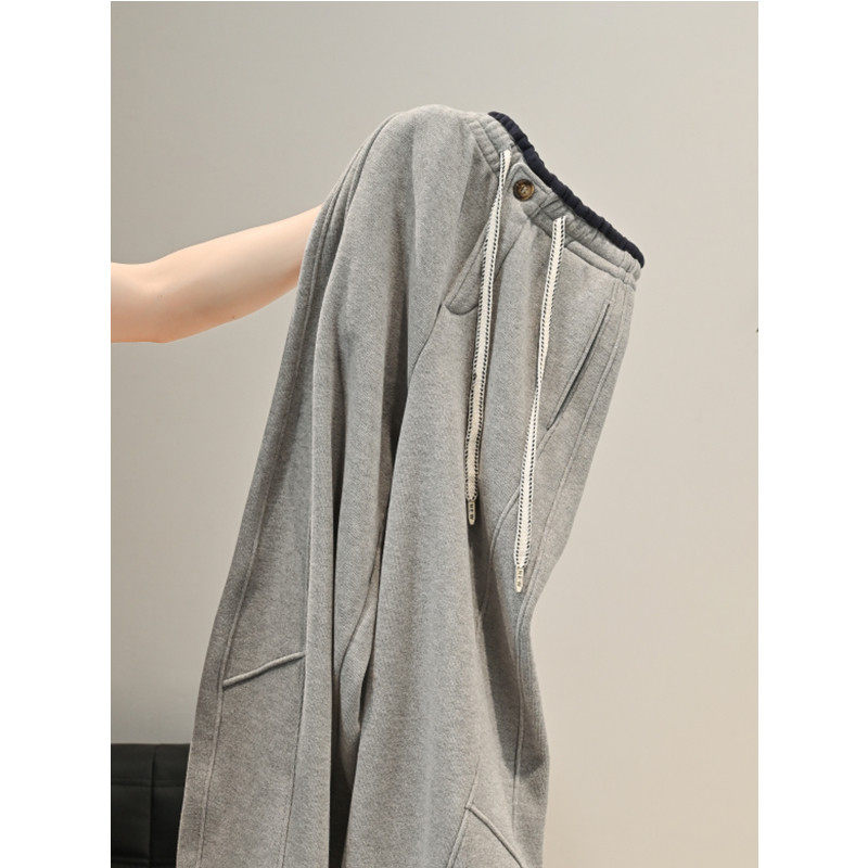 日本offcat灰色加绒加厚休闲运动卫裤女2025秋冬季保暖显瘦直筒阔