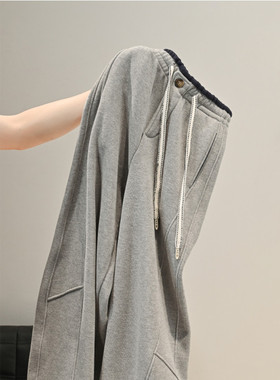 日本offcat灰色加绒加厚休闲运动卫裤女2025秋冬季保暖显瘦直筒阔