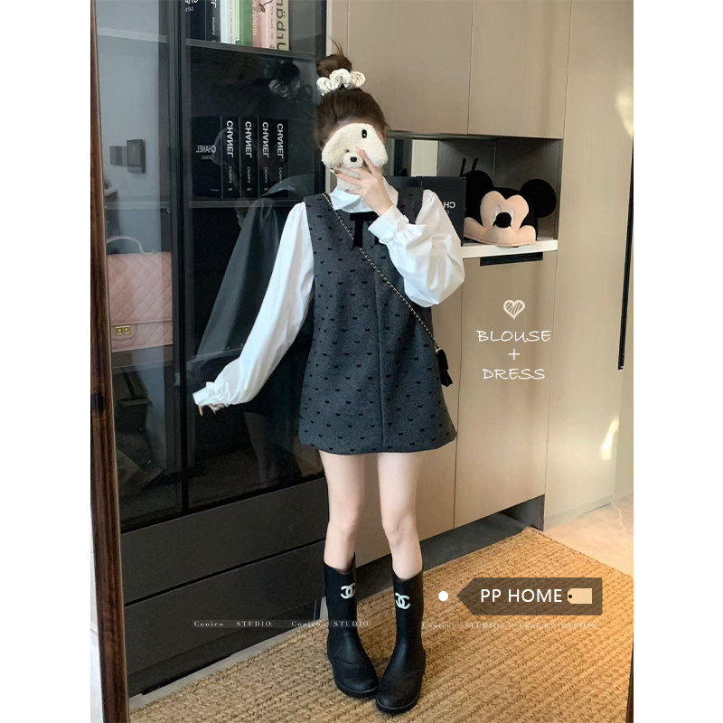 日本offcat时尚miu系灰色蝴蝶结毛呢连衣裙女秋季甜美宽松A字背心