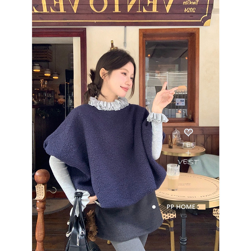 日本offcat藏青色宽松花苞马甲毛衣女秋冬韩系甜美叠穿花边领打底