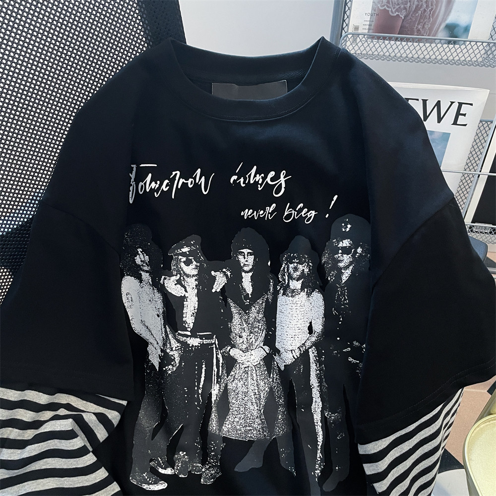 日本offcat美式街头摇滚乐队条纹长袖T恤女秋季高级感情侣假两件