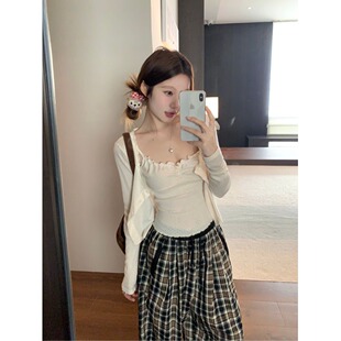 日本offcat温柔bm风长袖开衫外套碎花吊带女秋冬两件套格子阔腿休