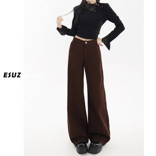 日本offcat咖啡色加绒阔腿牛仔裤 高级感美拉德小个子宽松 女秋冬款