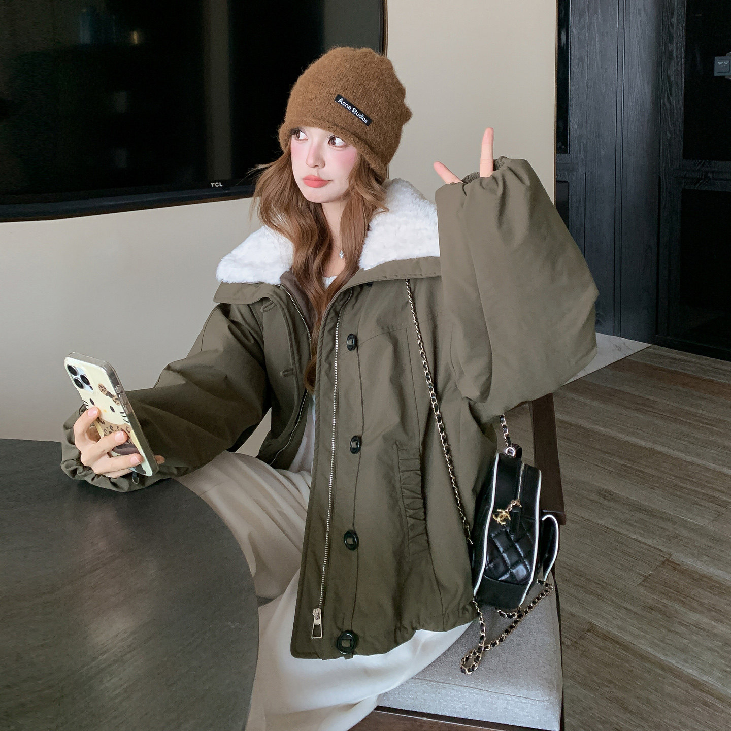 日本offcat军绿色大毛领工装派克棉服女冬新款小个子洋气别致超好