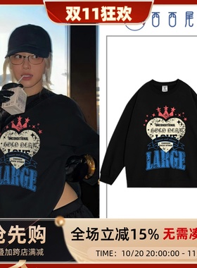 日本offcat朴彩英rose同款美式复古黑色圆领卫衣女秋冬加绒潮牌高