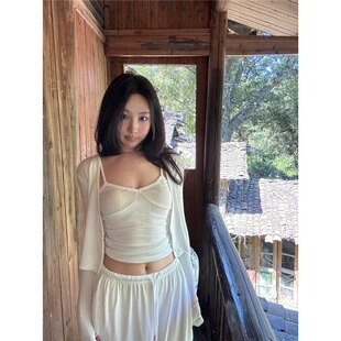 日本offcat纯欲bm风蕾丝吊带背心女秋季白色长袖开衫短款外套两件